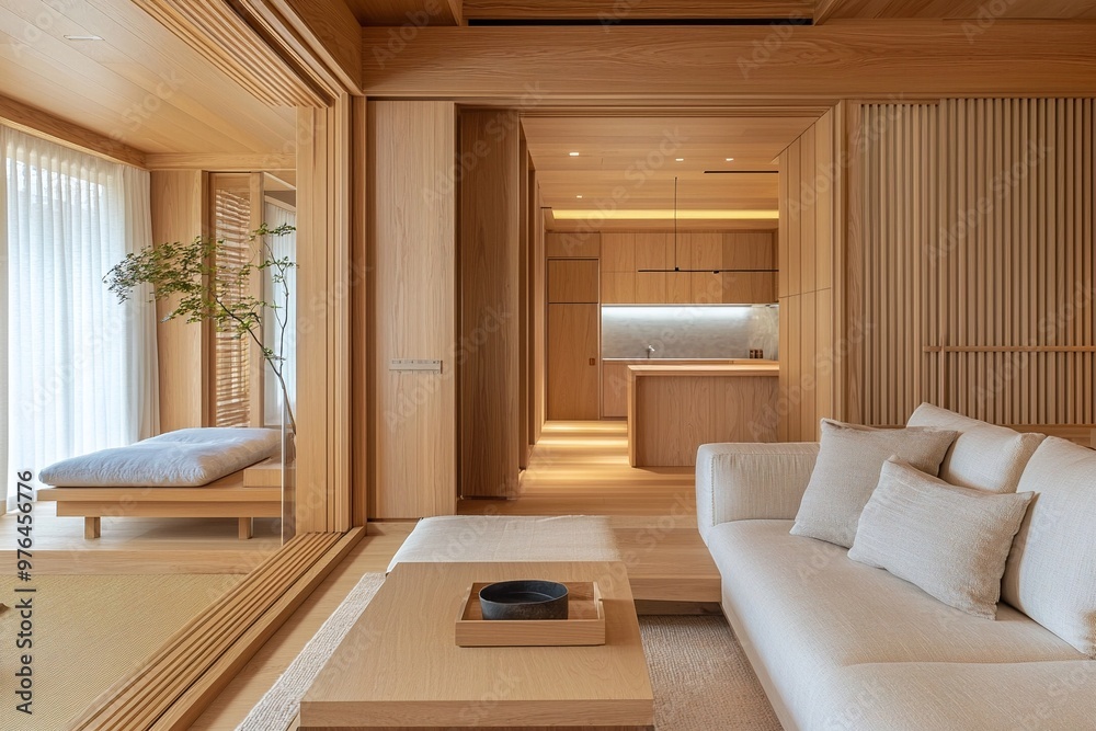 Woody House Interior of living room. Modern Japandi interior photo with sofa and cushion. Generative AI
Woody House Interior of living room. Modern Japandi interior photo with sofa and cushion. Generative AI