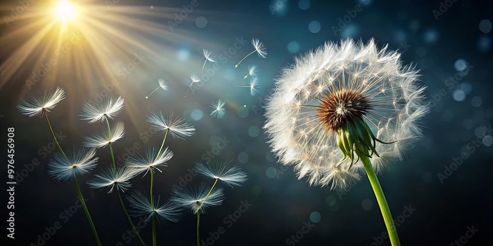 A beautiful dandelion with flying seeds in the wind, sun shining through leaves, and a dark background A beautiful dandelion with flying seeds in the wind, sun shining through leaves, and a dark background