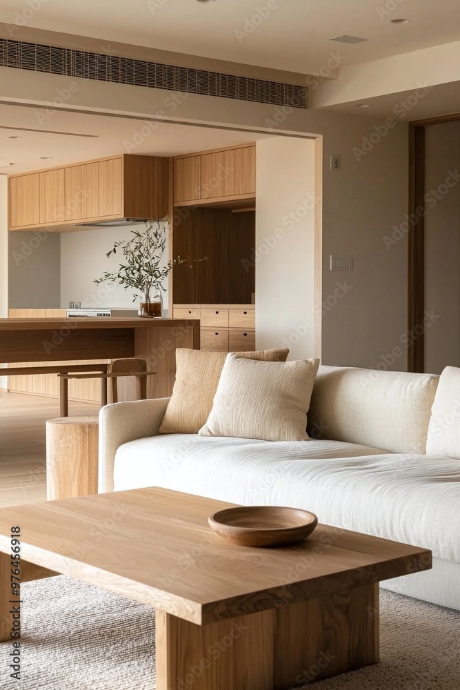 This is the living room and kitchen of the house with the wood finish. This is a modern japandi interior with a sofa in the living room. Generative AI
This is the living room and kitchen of the house with the wood finish. This is a modern japandi interior with a sofa in the living room. Generative AI