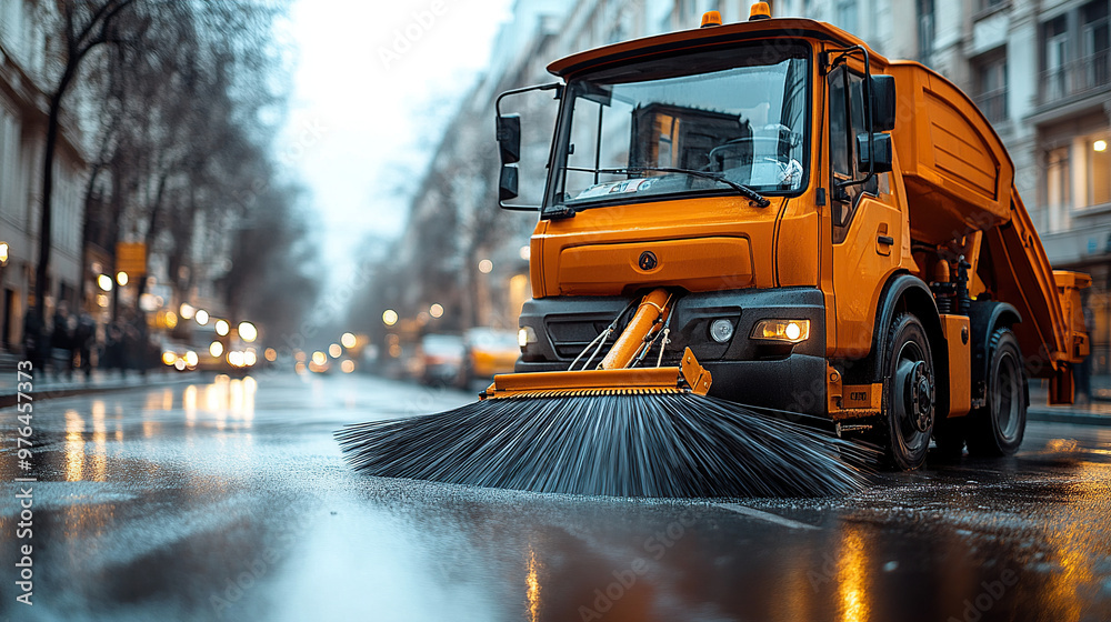 A close-up of a street sweeper sweeping the road with its big broom A close-up of a street sweeper sweeping the road with its big broom