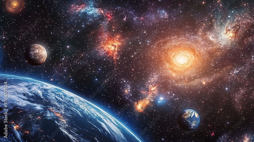 A beautiful view of sunrise over Earth, with swirling galaxies in the background A beautiful view of sunrise over Earth, with swirling galaxies in the background