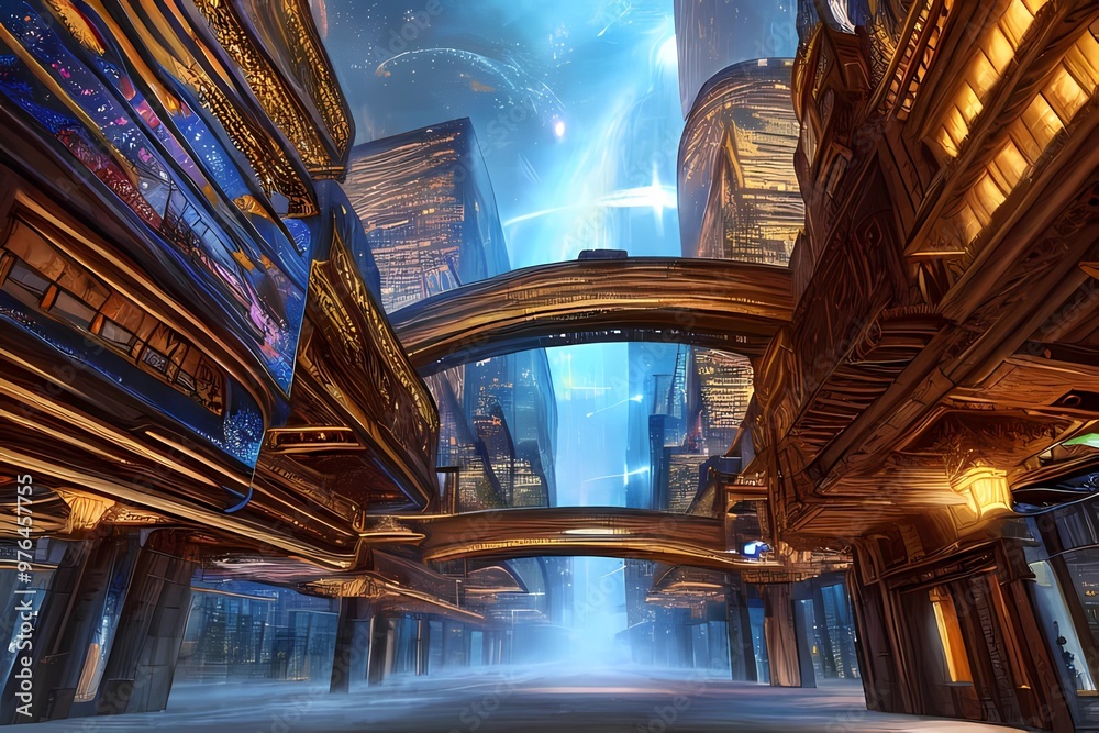 Obraz premium ゲーム背景 雷の見える工業都市の通りとアーチがある風景