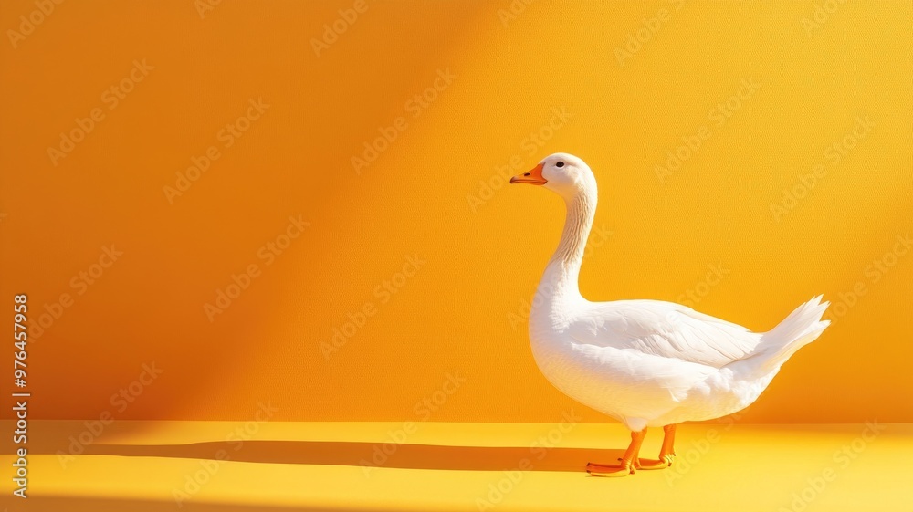 Fototapeta premium White duck stands against bright yellow background casting shadow