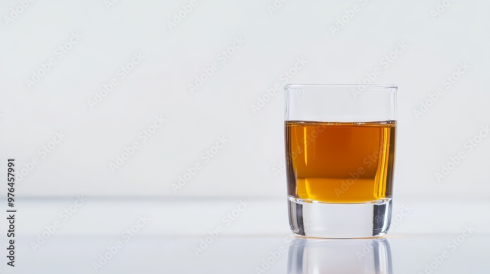 A clear glass filled with amber-colored whiskey on a white surface, captured with a minimalist and clean background. A clear glass filled with amber-colored whiskey on a white surface, captured with a minimalist and clean background.