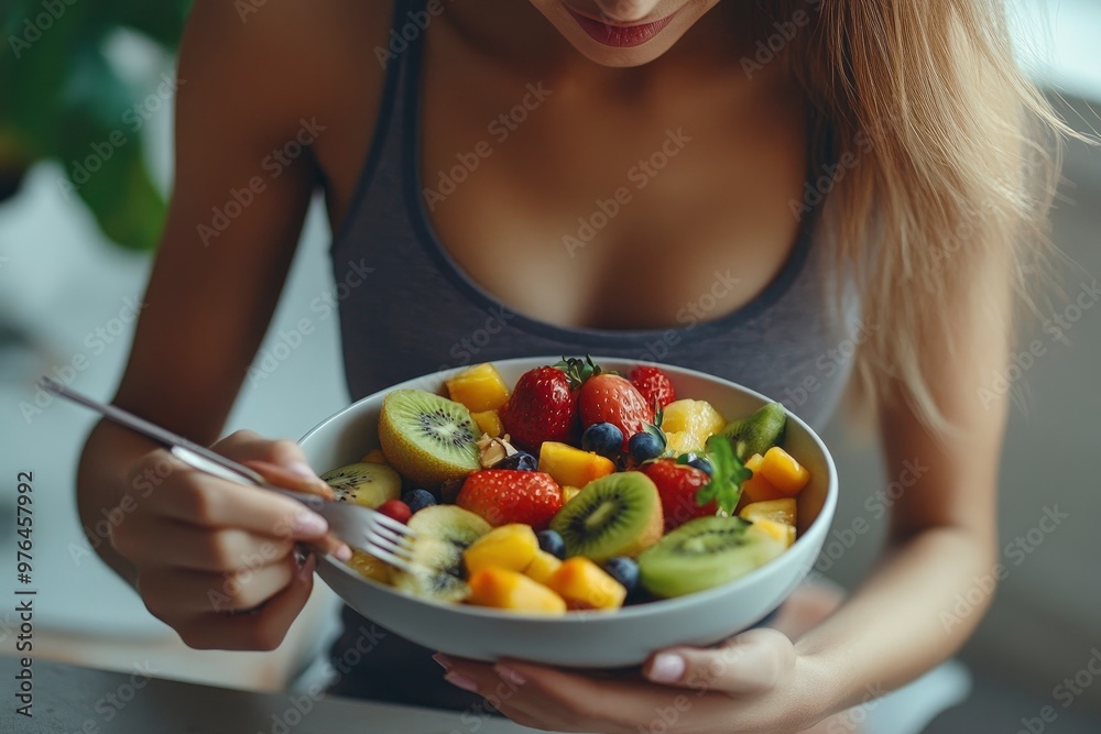 Close up of athletic woman eating a healthy fruit bowl in the kitchen at home, ai