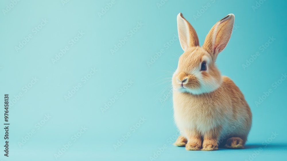 Obraz premium Cute brown rabbit with blue background, looking alert