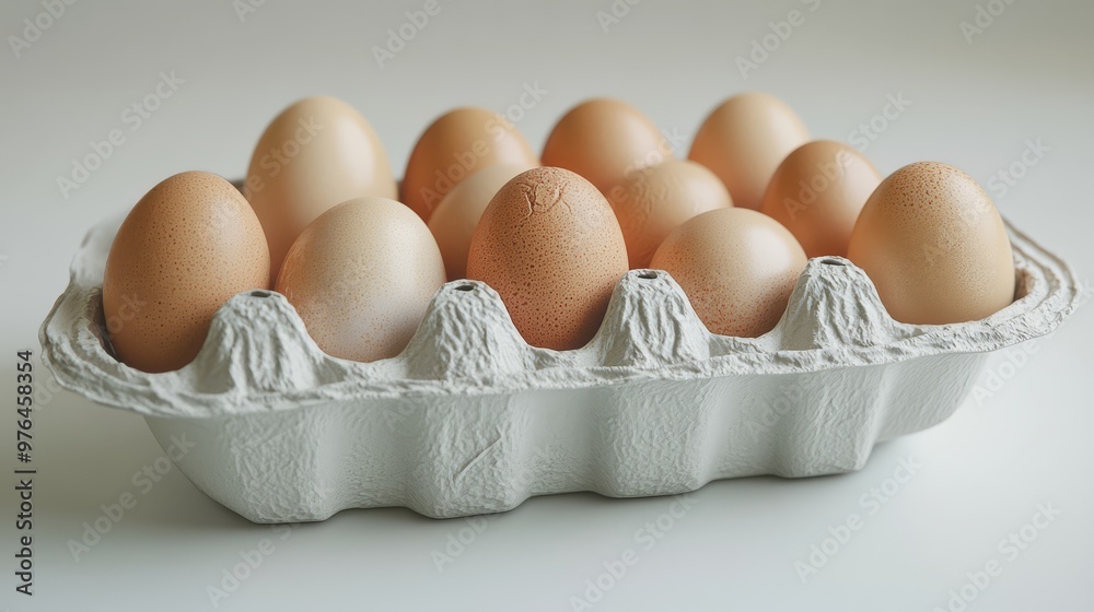 A dozen fresh brown eggs in a white carton, displayed on a light gray surface, ready for cooking or baking. Perfect for food and culinary themes. A dozen fresh brown eggs in a white carton, displayed on a light gray surface, ready for cooking or baking. Perfect for food and culinary themes.