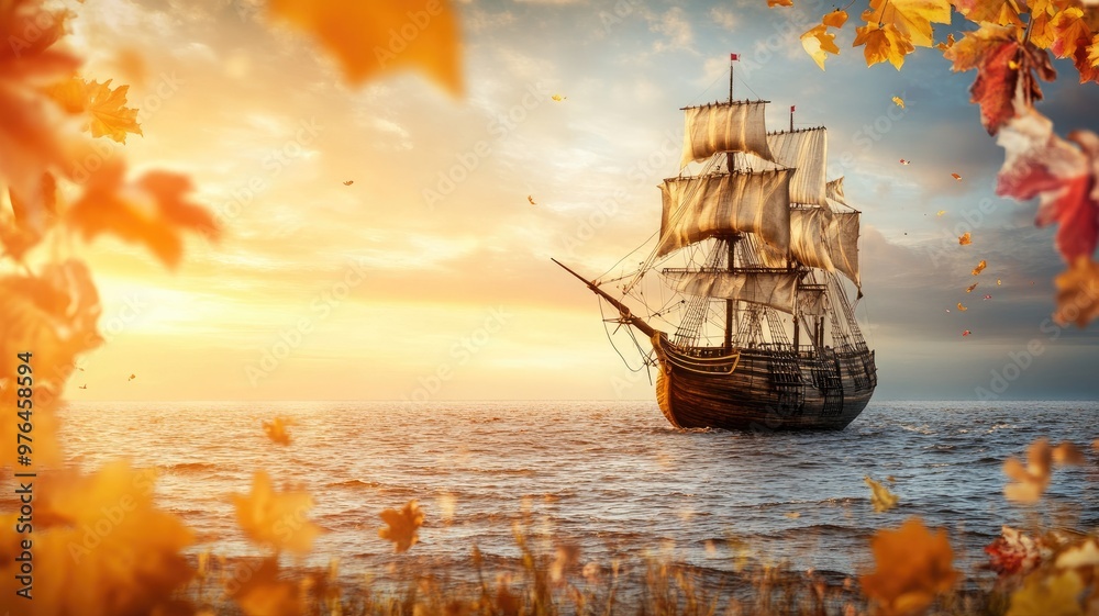 Obraz premium Historical ship sailing on ocean surrounded by autumn leaves under golden sunset