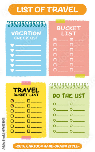 Hand drawn style travel bucket lists set. Colorful crayon drawing vacation checklists. Cartoon doodle style do the list. Cute doodle style weekend wish list memo. Chart, Idea, Paper note Memo blank