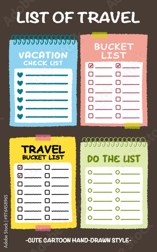 Hand drawn style travel bucket lists set. Colorful crayon drawing vacation checklists. Cartoon doodle style do the list. Cute doodle style weekend wish list memo. Chart, Idea, Paper note Memo blank