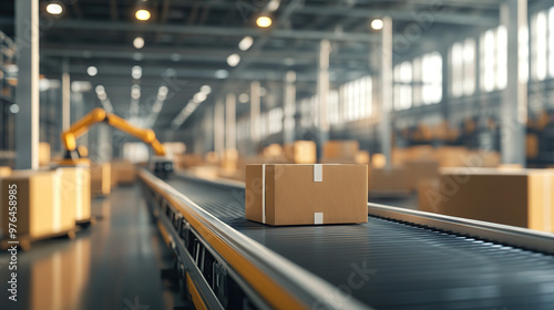 A close-up of boxes being transported on a conveyor belt in a modern warehouse