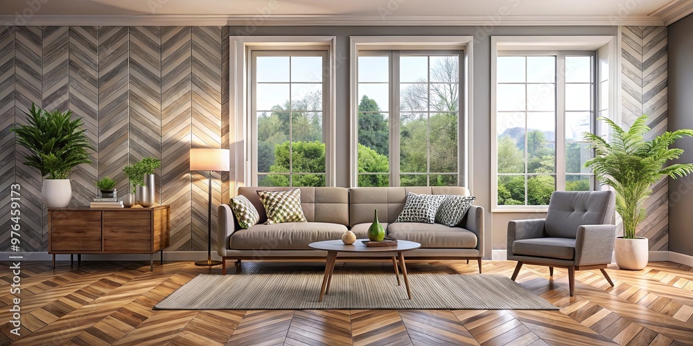 Cozy living room with couch, chair, table, large window, and chevron pattern wooden floor
