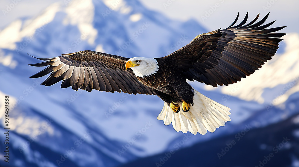 Fototapeta premium Bald eagle soaring in front of snow-capped mountains