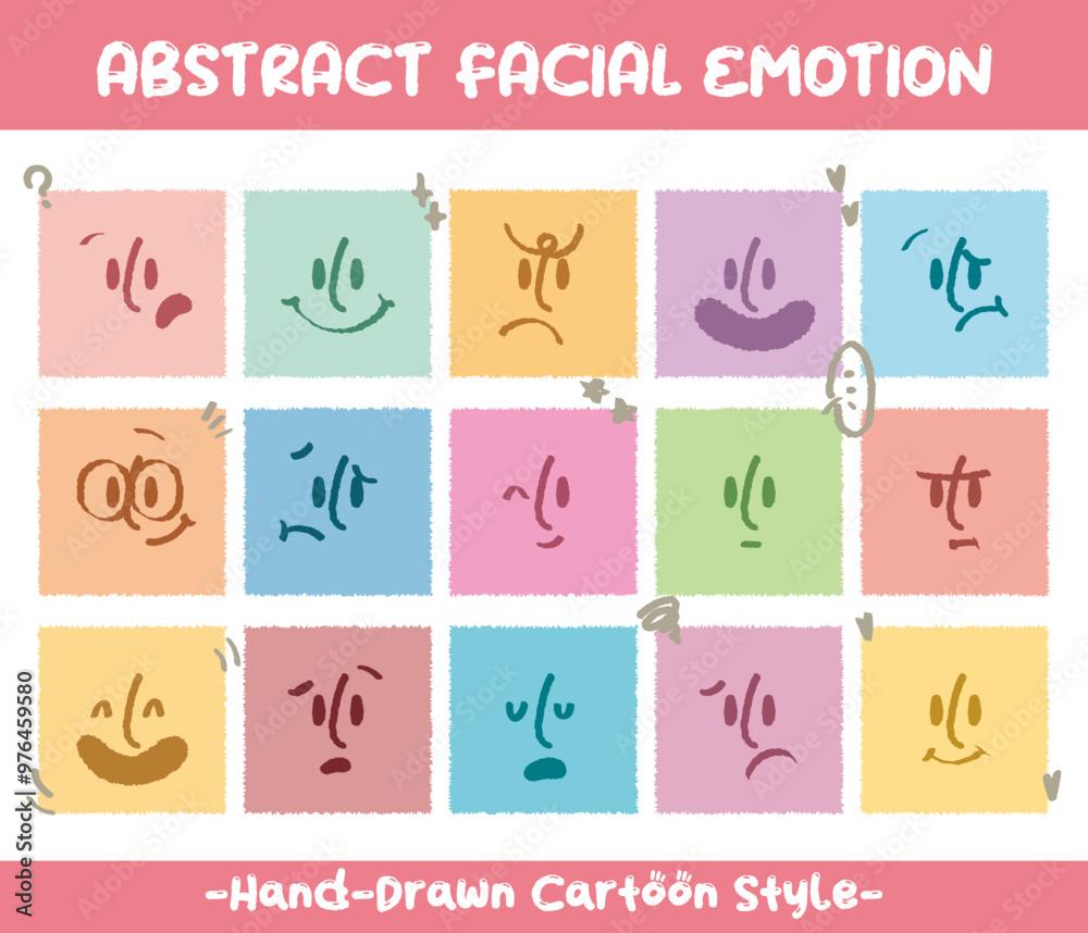 Fototapeta premium Square abstract faces with various emotions set hand drawn style. Crayon drawing style emoticons collection. Different colored avatar. flat design, hand drawn fashion vector illustration emotional.