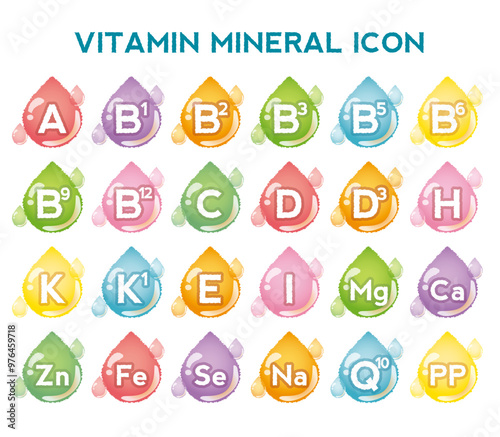 Vitamin, mineral icon set. Nutrition, food supplement design. Multivitamin complex with C, B, E, D vitamins.Multivitamins capsules minerals. Vitamin complex. Dietary supplement for pharmacy advertisem