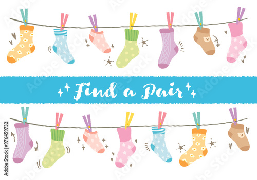 Find a matching pair socks. Hand drawn style match sock pair children preschool game. cartoon doodle style Puzzle find pair. Preschool children educational worksheet activity. Socks on laundry rope. 
