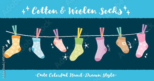 Cotton and wool socks on clothesline. Hand drawn style socks hanging on a rope with clothespins. Socks laundry on line with pins, socks with color ornament pattern. Clothes on laundry line.