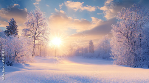 Beautiful winter landscape with snow-covered trees and a meadow, a beautiful sunrise in the sky, a fantasy winter background