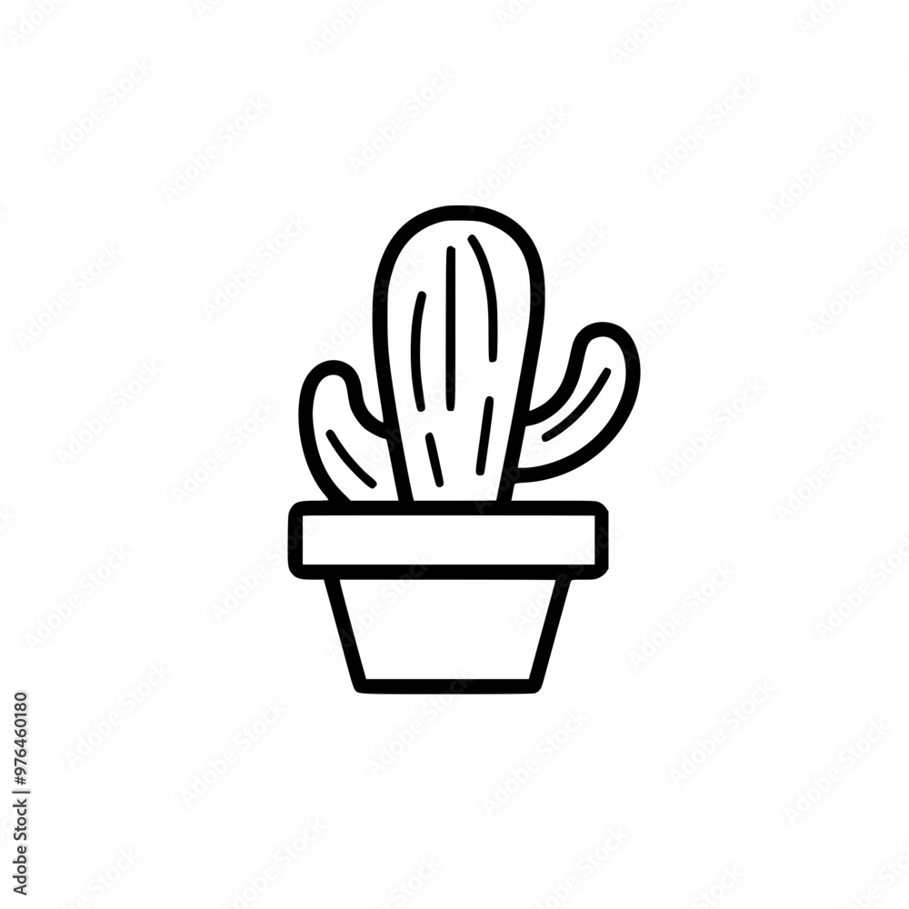 Simple black and white line drawing of a cactus in a pot with a minimalist design. Simple black and white line drawing of a cactus in a pot with a minimalist design.