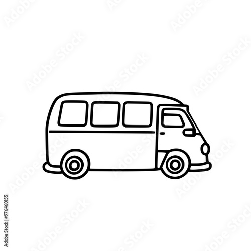 Black and white illustration of a vintage van with a simple, classic design.