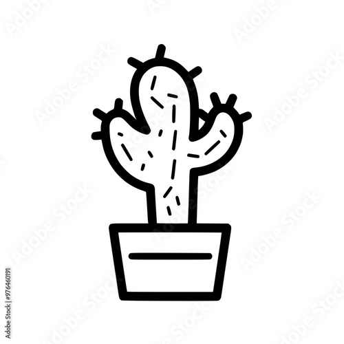 Simple black and white illustration of a cactus in a pot, showcasing a minimalist design.