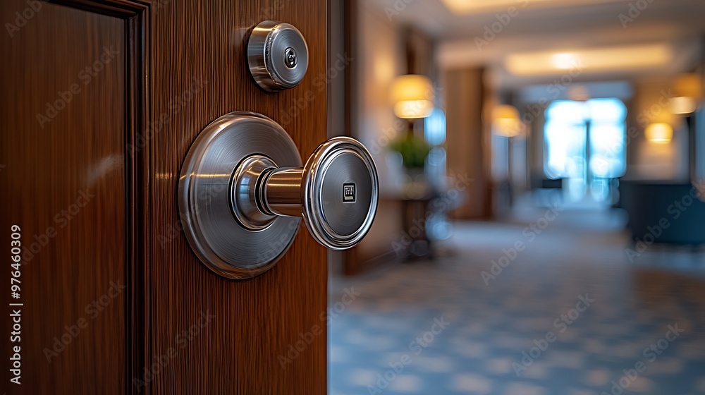 A close-up of a modern door handle with a blurry view of a luxury hotel room behind it. A close-up of a modern door handle with a blurry view of a luxury hotel room behind it.