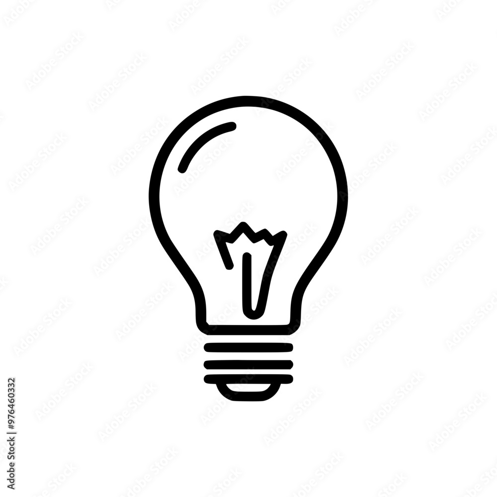 Black and white simple line drawing of a light bulb on a white background. Black and white simple line drawing of a light bulb on a white background.