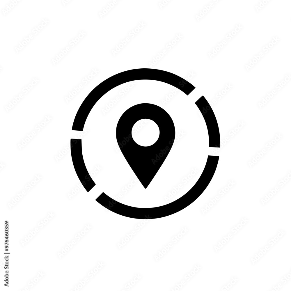 Black location pin icon surrounded by a segmented circle on a white background. Black location pin icon surrounded by a segmented circle on a white background.