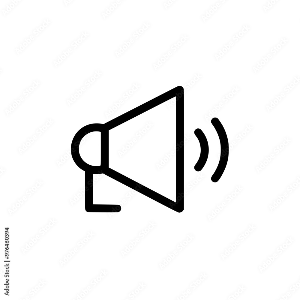 Black and white megaphone icon representing communication, announcement, or loudspeaker. Black and white megaphone icon representing communication, announcement, or loudspeaker.