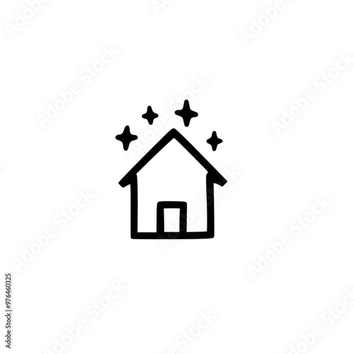 Minimalist black and white illustration of a house with stars above.
