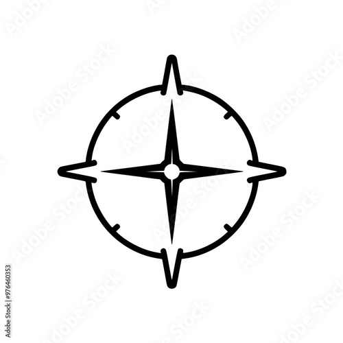 Simple black and white compass rose symbol with four directions and precise lines.