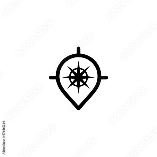 Black compass inside a map marker icon with a white background.