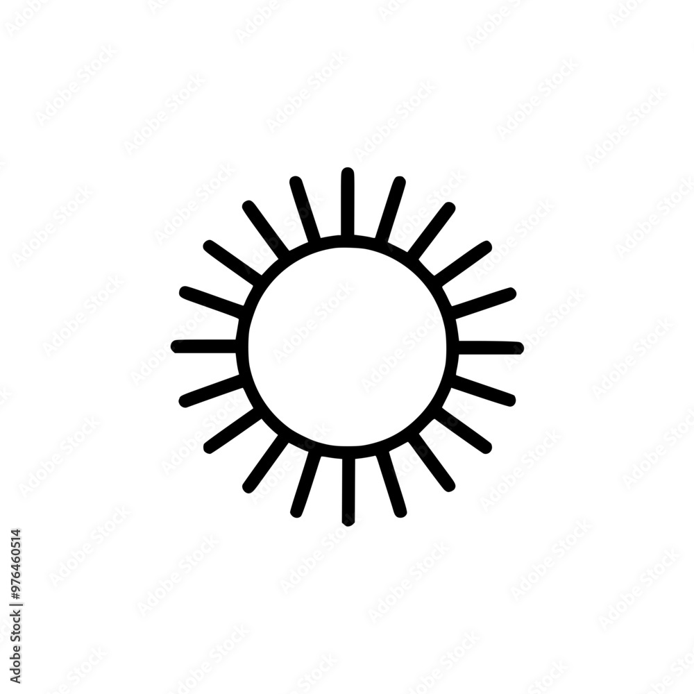 Minimalist black and white icon of a sun with rays extending outward in a simple design.