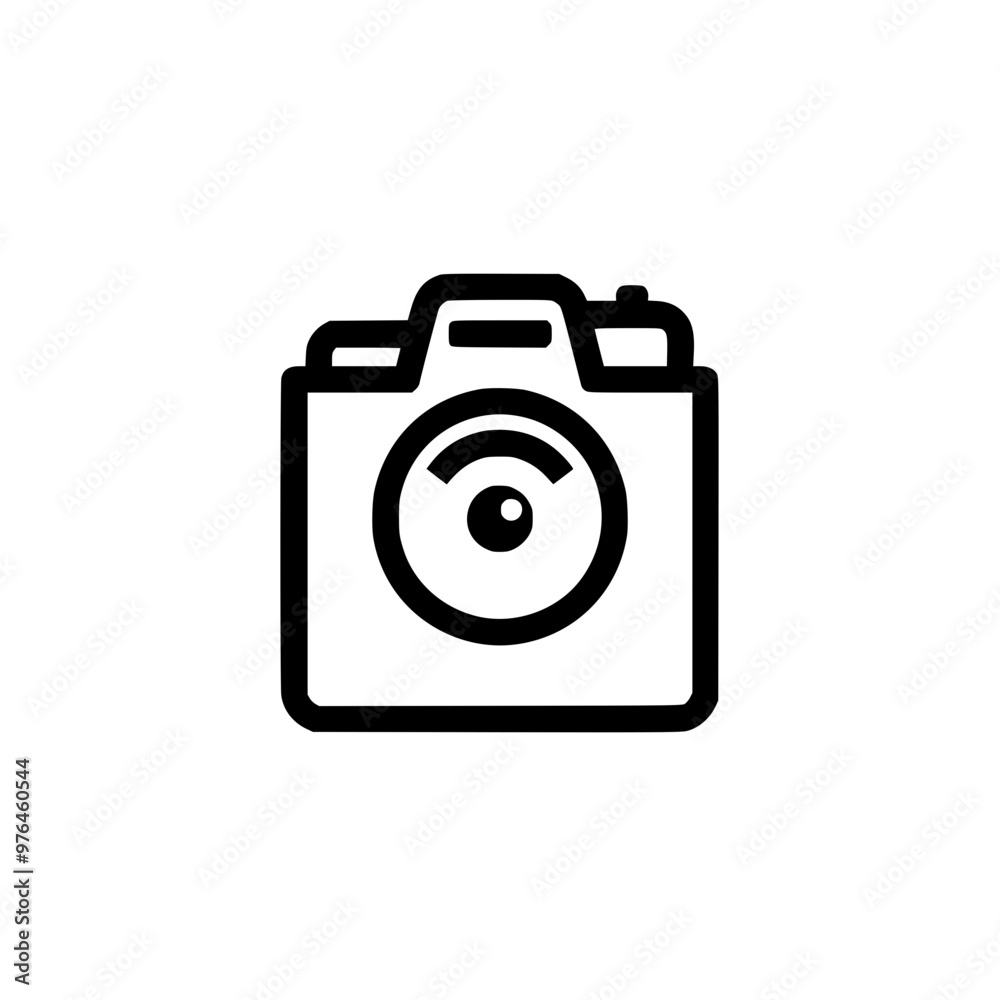 Black and white icon of a camera with a lens and viewfinder in the center. Black and white icon of a camera with a lens and viewfinder in the center.