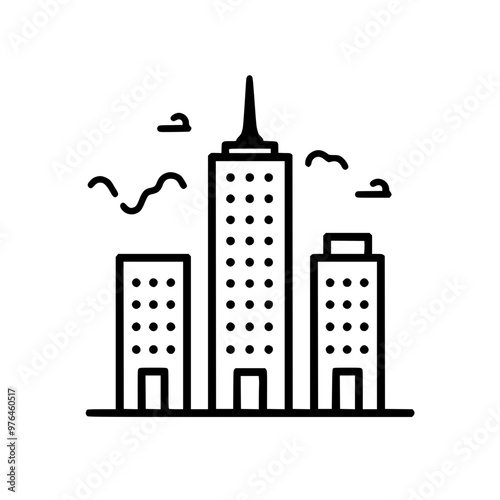 Minimalist black and white line drawing of a cityscape with three high-rise buildings and birds in the sky.