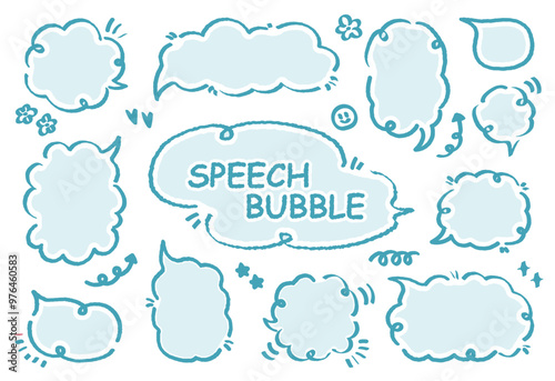 Set of hand drawn style cute memo sticker. Variety abstract shapes of blue speech bubble. Girl style frame with crayon draw. Chat box balloon cloud. Sweet retro label tag collection vector for text