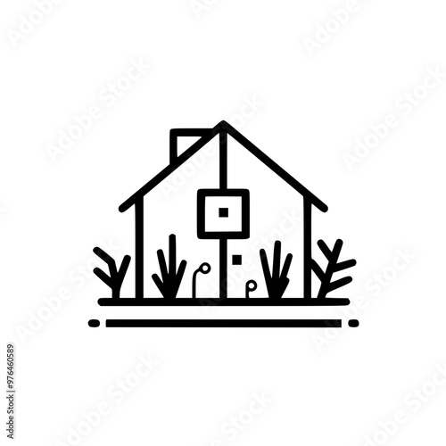 Minimalist black and white line art of a house with surrounding plants.
