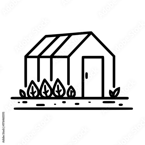 Black and white line illustration of a greenhouse with plants outside.