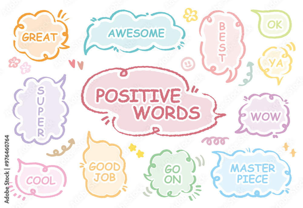 Comic style cute quote colorful speech bubble with positive words. Set of hand drawn memo frame. Cartoon doodle crayon drawing cloud, box, message. Flat vector. Best, Awesome, WOW, Master, Piece, Go Comic style cute quote colorful speech bubble with positive words. Set of hand drawn memo frame. Cartoon doodle crayon drawing cloud, box, message. Flat vector. Best, Awesome, WOW, Master, Piece, Go