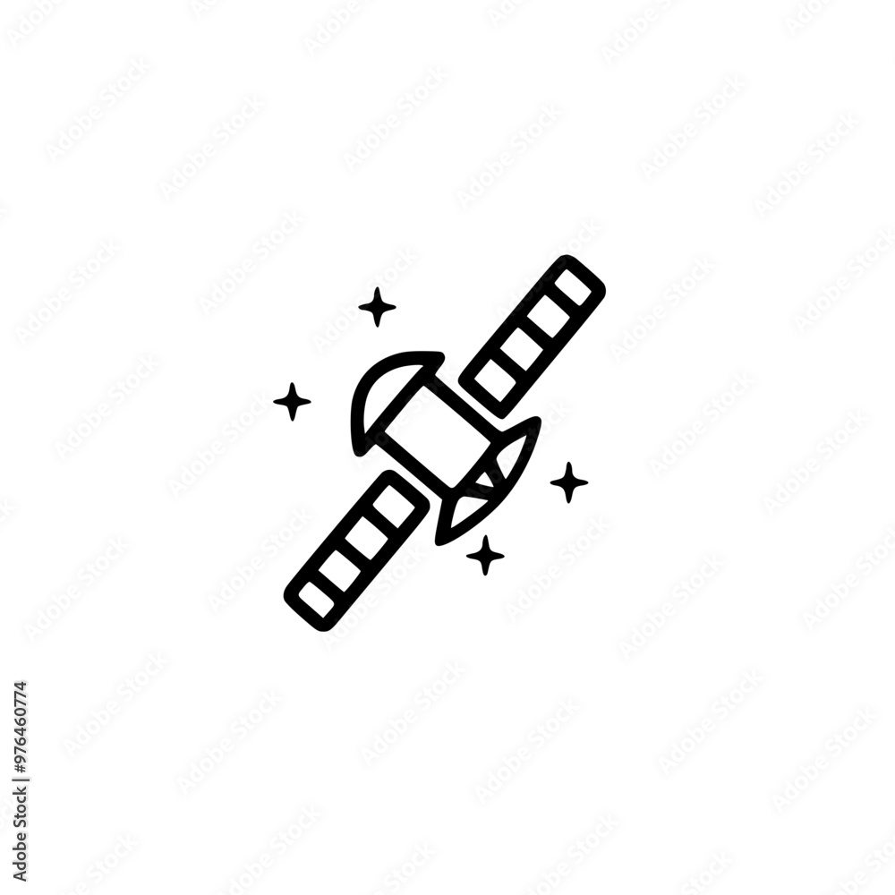 Black and white line illustration of a satellite with stars, symbolizing space technology. Black and white line illustration of a satellite with stars, symbolizing space technology.