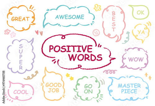 Comic style cute quote colorful speech bubble with positive words. Set of hand drawn memo frame. Cartoon doodle crayon drawing cloud, box, message. Flat vector. Best, Awesome, WOW, Master, Piece, Go