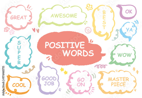 Comic style cute quote colorful speech bubble with positive words. Set of hand drawn memo frame. Cartoon doodle crayon drawing cloud, box, message. Flat vector. Best, Awesome, WOW, Master, Piece, Go