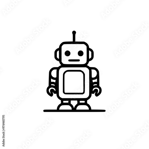 Simple black and white illustration of a robot with antenna on a white background.