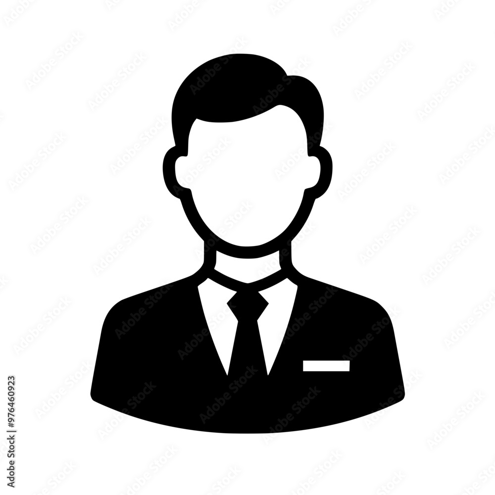 Black and white icon of a male in a suit and tie, representing a professional or businessman. Black and white icon of a male in a suit and tie, representing a professional or businessman.