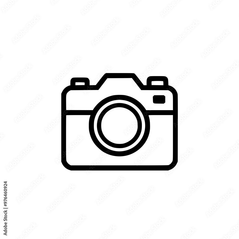 Outline icon of a classic camera with a lens at the center, representing photography. Outline icon of a classic camera with a lens at the center, representing photography.