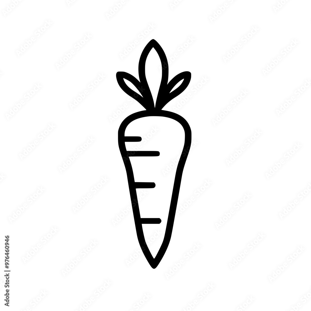 Simple black and white line drawing of a carrot with leaves on top. Simple black and white line drawing of a carrot with leaves on top.