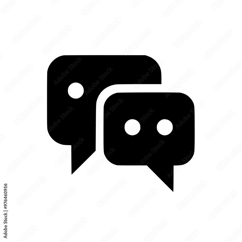 Two overlapping chat bubbles icon representing communication and conversation in a simple black and white design. Two overlapping chat bubbles icon representing communication and conversation in a simple black and white design.