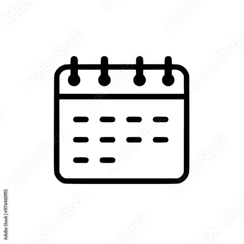 Black and white icon of a calendar with ring binding, showing a simple date layout.
