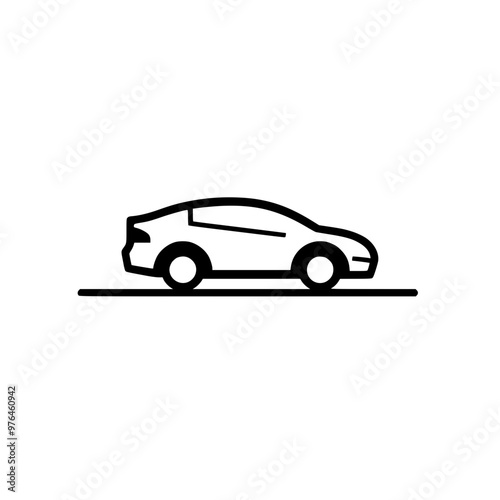 Minimalist black and white illustration of a car in profile view on a white background.