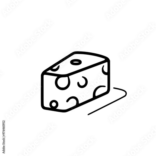 Black and white illustration of a wedge of cheese with holes on a plain background.